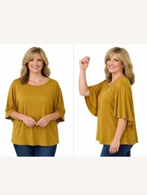 ✨" Point Sur" Very Pretty Gold Flutter‑Sleeve Gold Jersey Top (Size L) ✨